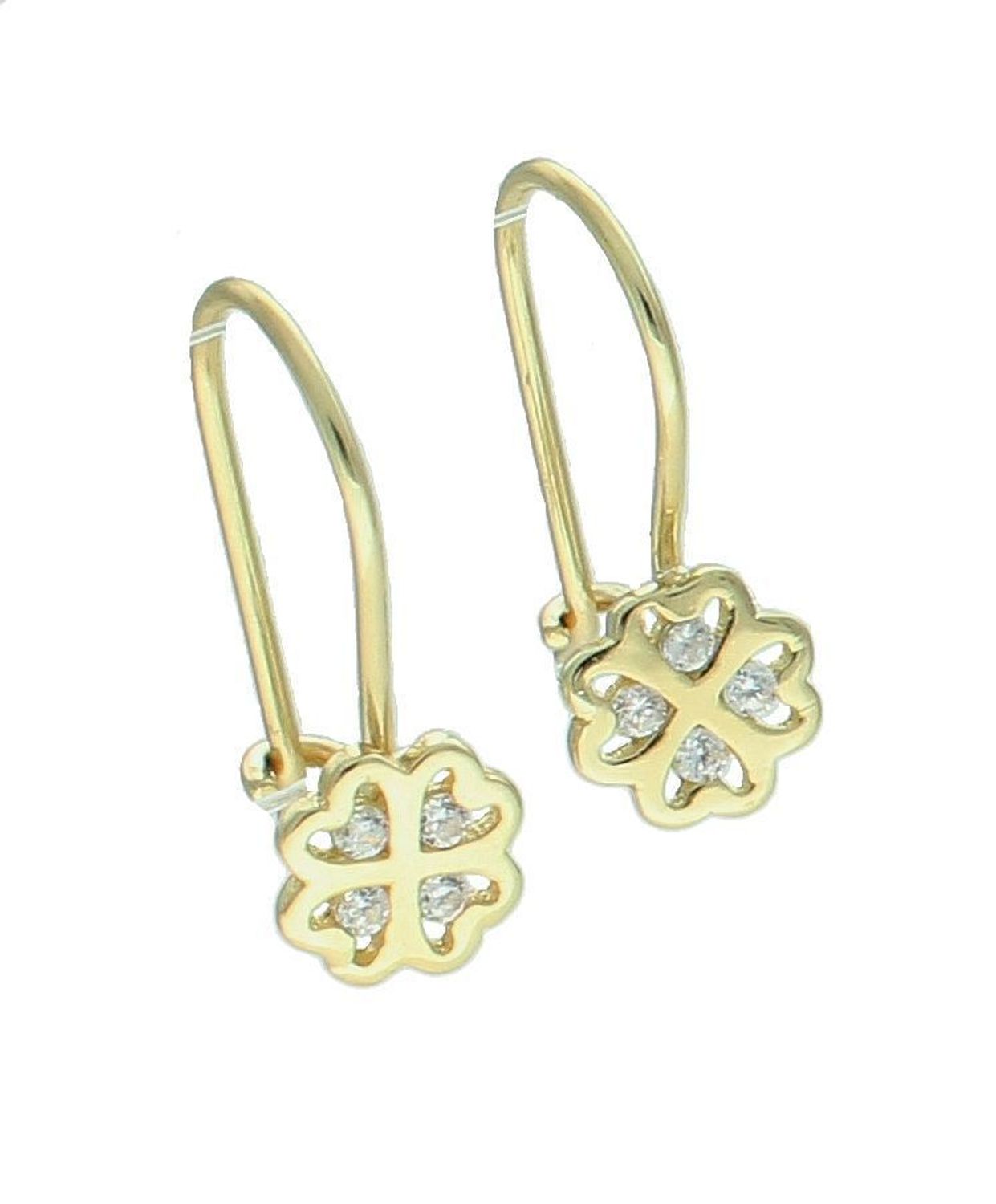 Kolczyki złote dziecięce koniczynki z cyrkoniami próba 375, KL 9274A 375 Złote kolczyki próby 375 wiszące koniczynki, ozdobione cyrkoniami. Złote kolczyki wykonane z wysokiej jakości żółtego złota, próba 375. Kolczyki w mini (1).jpg